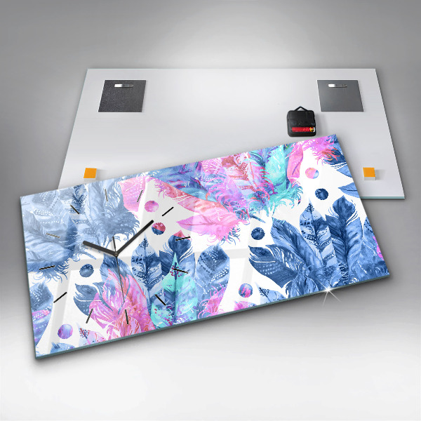 Glass wall clock rectangular Colorful feathers