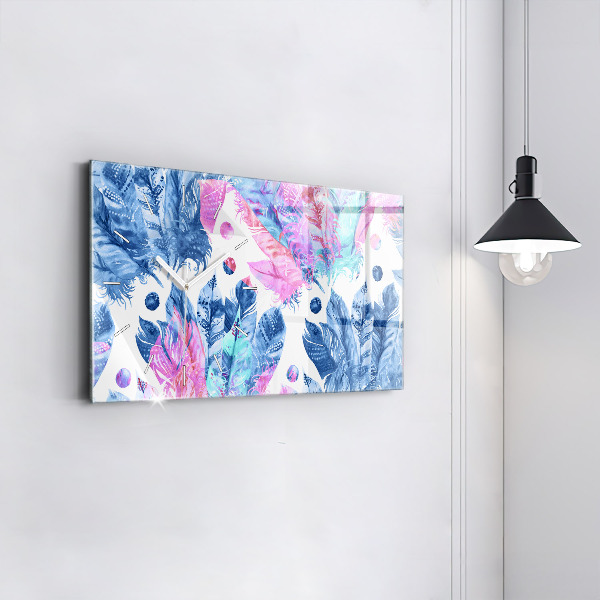 Glass wall clock rectangular Colorful feathers