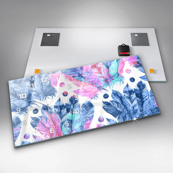 Glass wall clock rectangular Colorful feathers