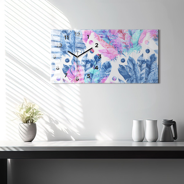 Glass wall clock rectangular Colorful feathers