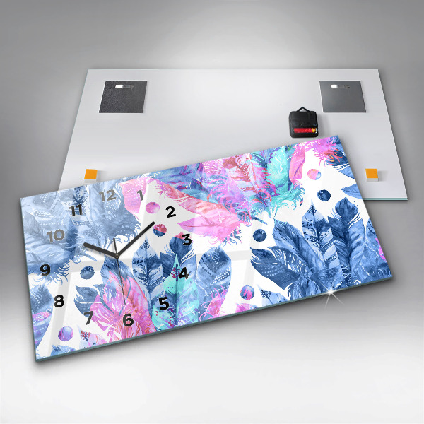 Glass wall clock rectangular Colorful feathers