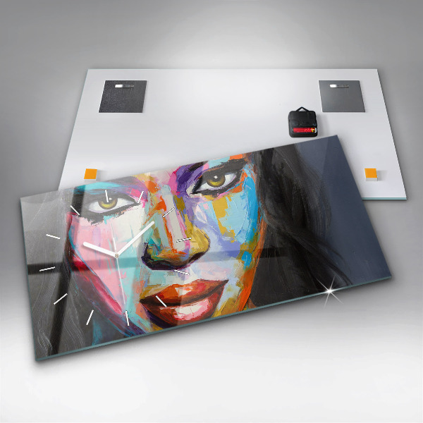 Glass wall clock rectangular Colorful Woman's Face