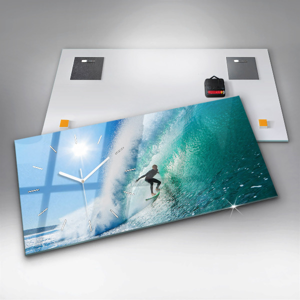 Glass wall clock rectangular Surfing in Hawaii