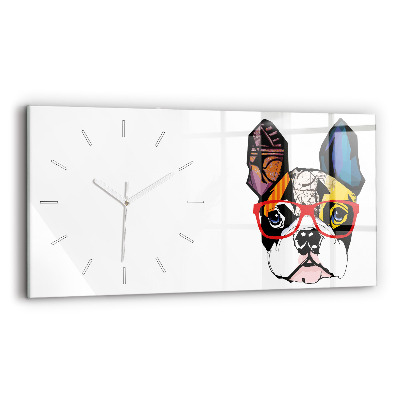 Glass wall clock rectangular French bulldog with glasses