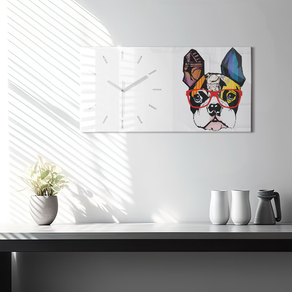 Glass wall clock rectangular French bulldog with glasses
