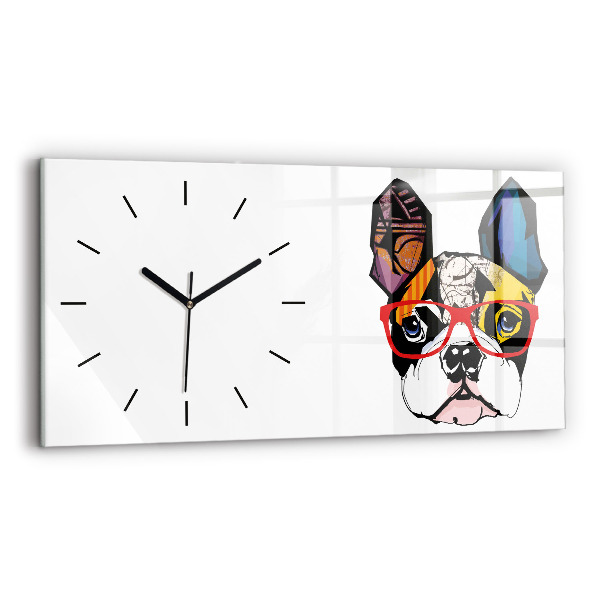 Glass wall clock rectangular French bulldog with glasses