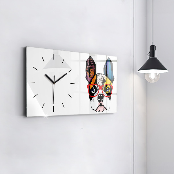 Glass wall clock rectangular French bulldog with glasses