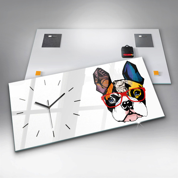 Glass wall clock rectangular French bulldog with glasses