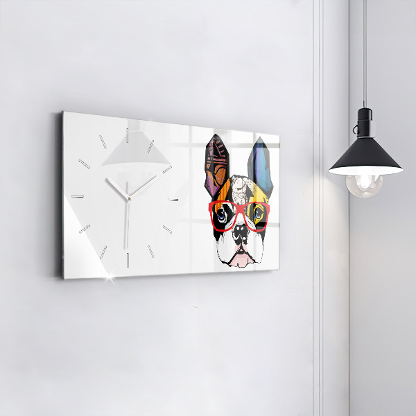Glass wall clock rectangular French bulldog with glasses