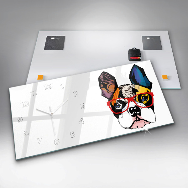 Glass wall clock rectangular French bulldog with glasses