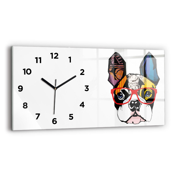Glass wall clock rectangular French bulldog with glasses