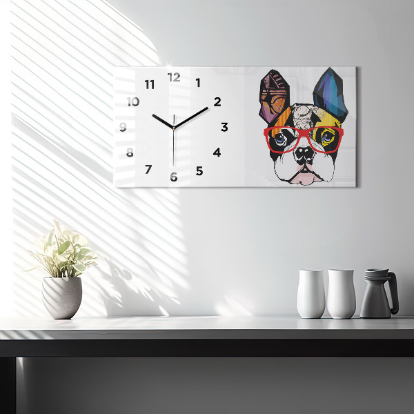 Glass wall clock rectangular French bulldog with glasses