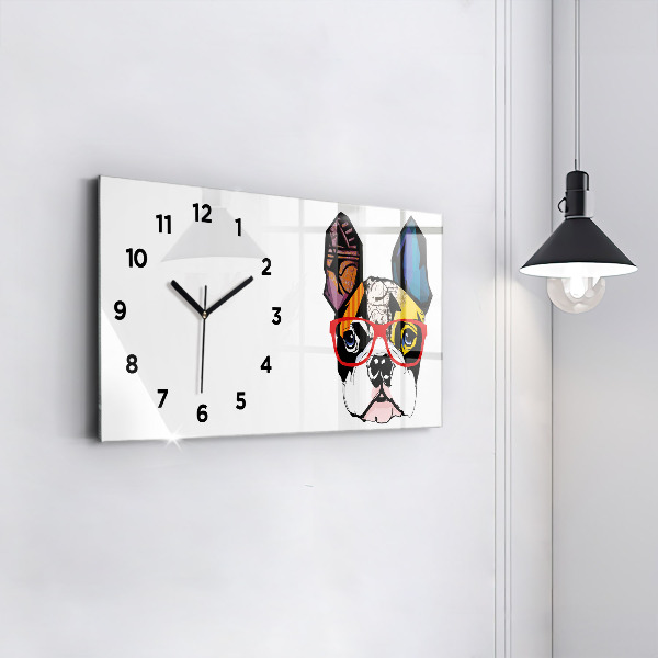 Glass wall clock rectangular French bulldog with glasses
