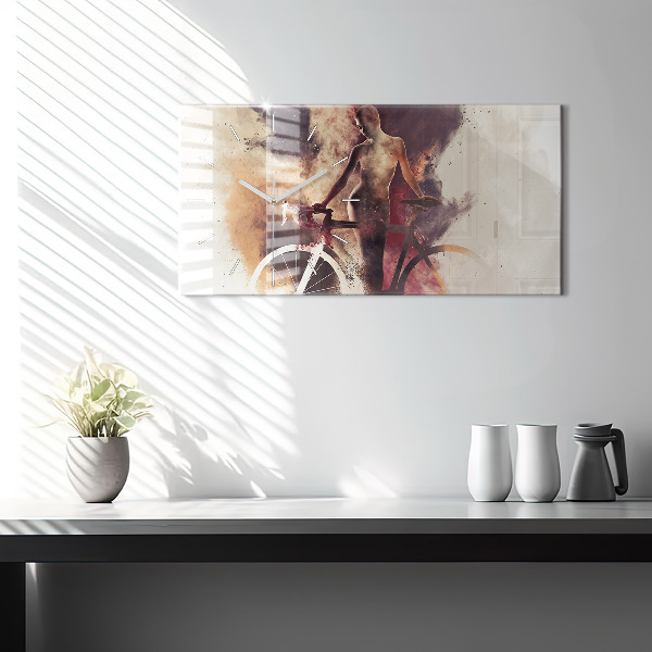 Glass wall clock rectangular Woman and bike