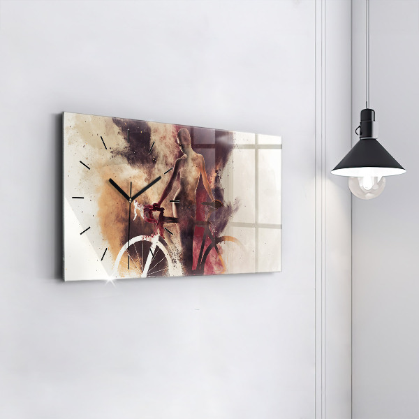 Glass wall clock rectangular Woman and bike