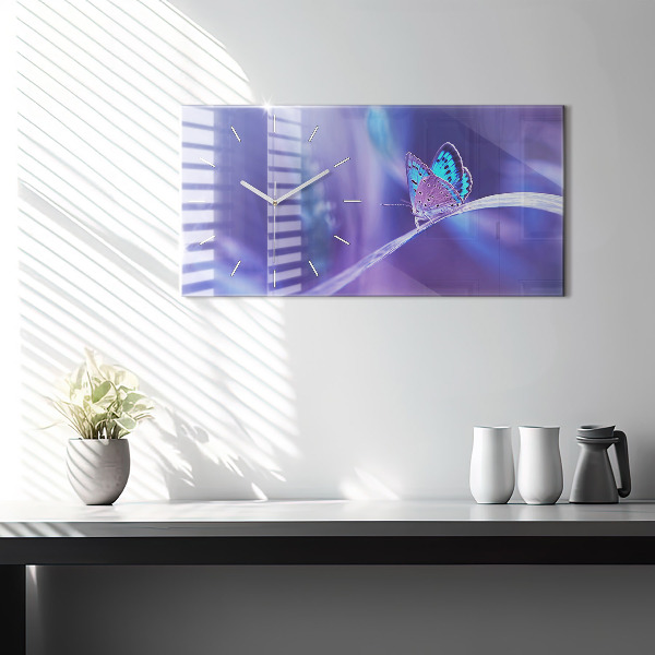 Glass wall clock rectangular Butterfly on the grass