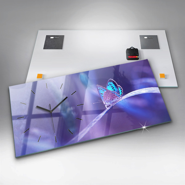 Glass wall clock rectangular Butterfly on the grass