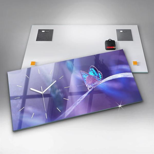 Glass wall clock rectangular Butterfly on the grass