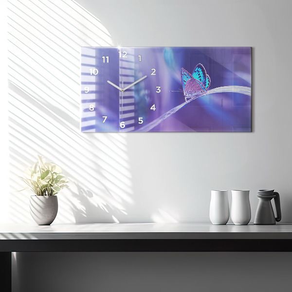Glass wall clock rectangular Butterfly on the grass
