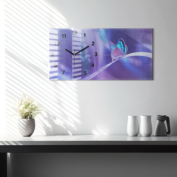 Glass wall clock rectangular Butterfly on the grass