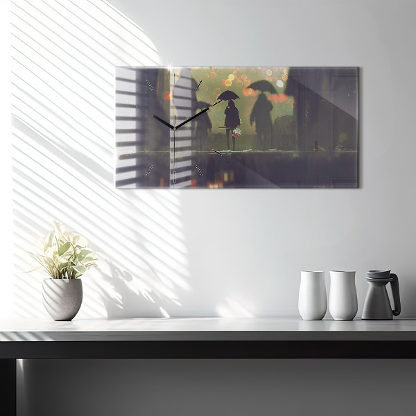 Glass wall clock rectangular People with umbrellas