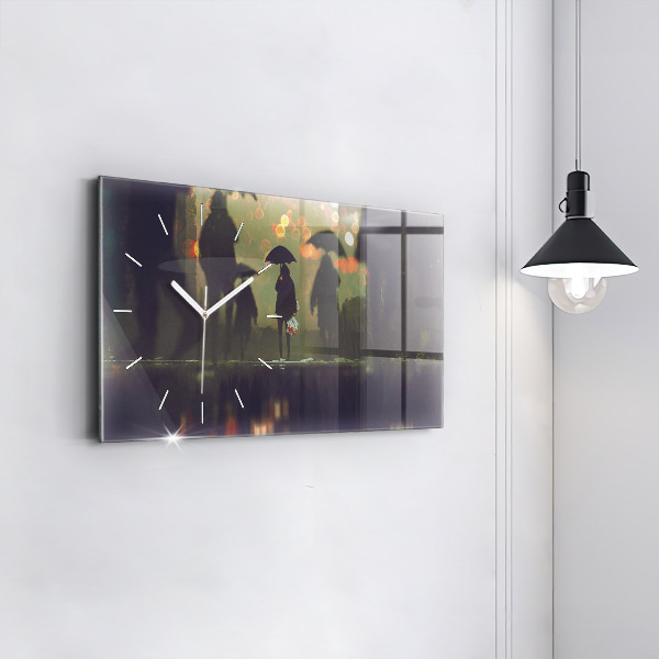 Glass wall clock rectangular People with umbrellas