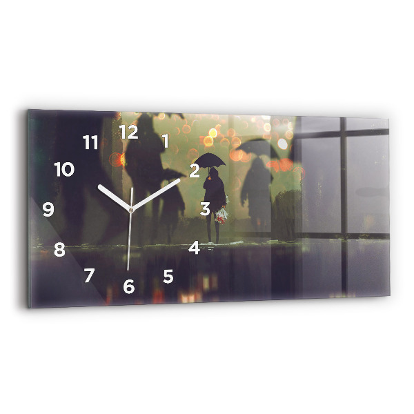 Glass wall clock rectangular People with umbrellas