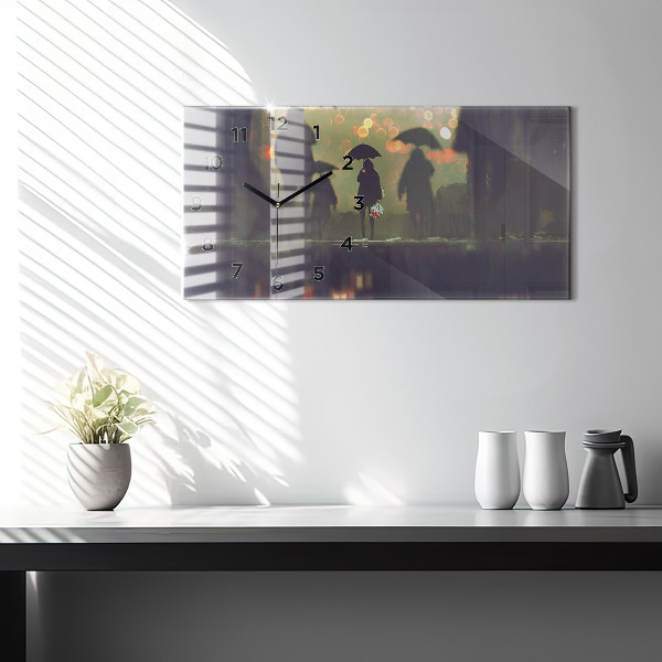 Glass wall clock rectangular People with umbrellas