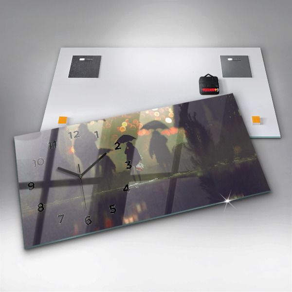 Glass wall clock rectangular People with umbrellas