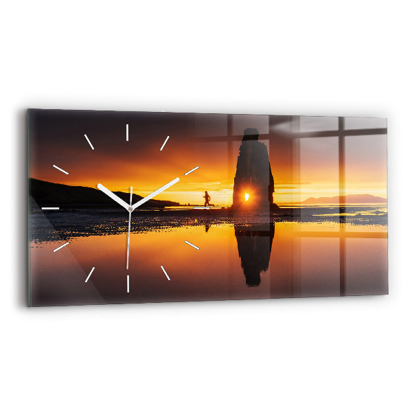 Glass wall clock rectangular Runner and sunset