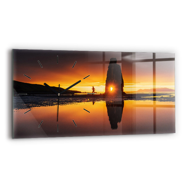 Glass wall clock rectangular Runner and sunset