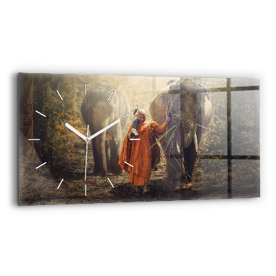 Glass wall clock rectangular Monk leading elephants