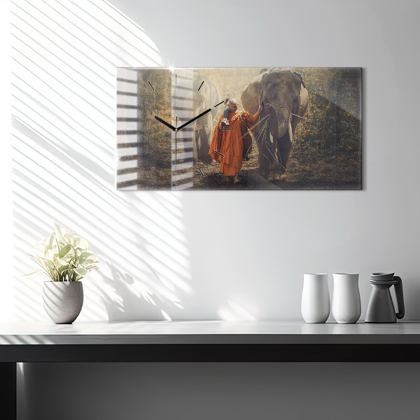 Glass wall clock rectangular Monk leading elephants