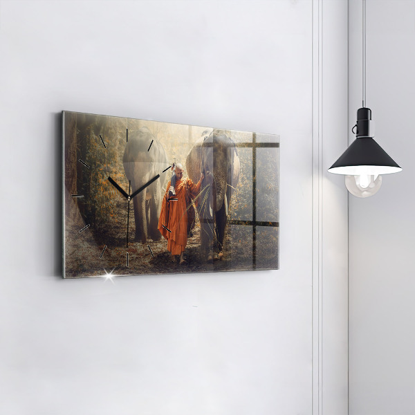 Glass wall clock rectangular Monk leading elephants