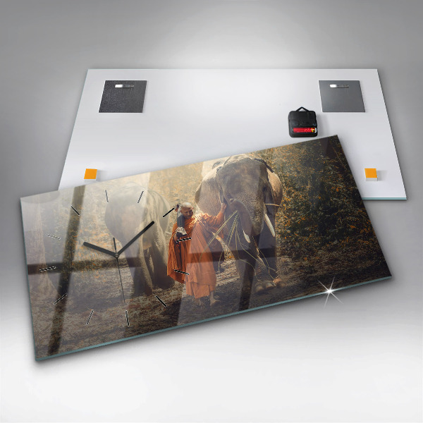 Glass wall clock rectangular Monk leading elephants