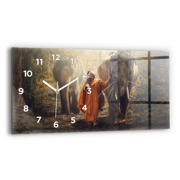 Glass wall clock rectangular Monk leading elephants