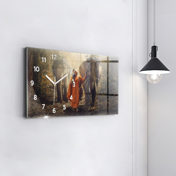 Glass wall clock rectangular Monk leading elephants