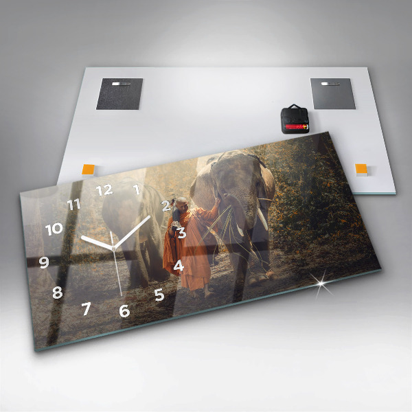 Glass wall clock rectangular Monk leading elephants