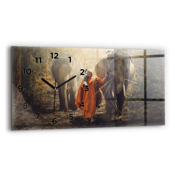 Glass wall clock rectangular Monk leading elephants