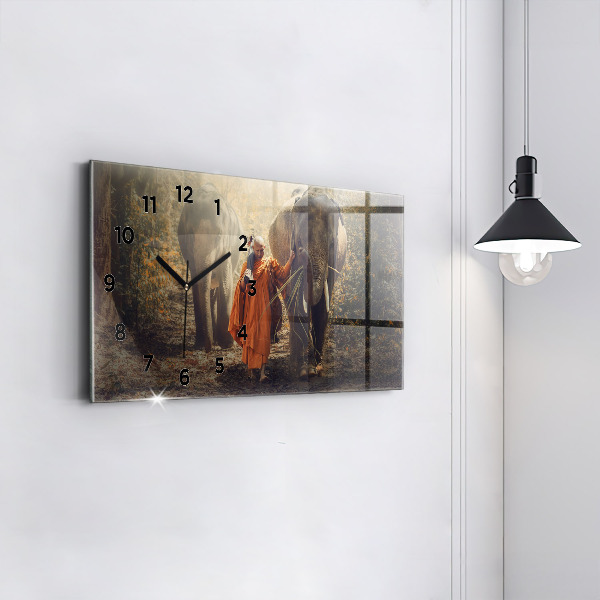 Glass wall clock rectangular Monk leading elephants