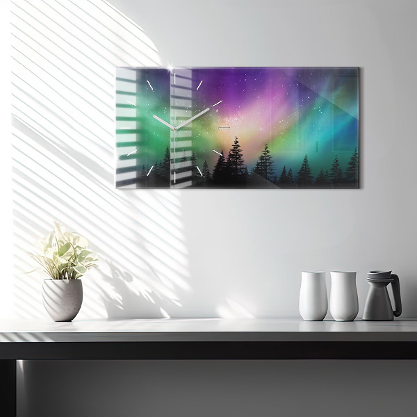 Glass wall clock rectangular Northern lights