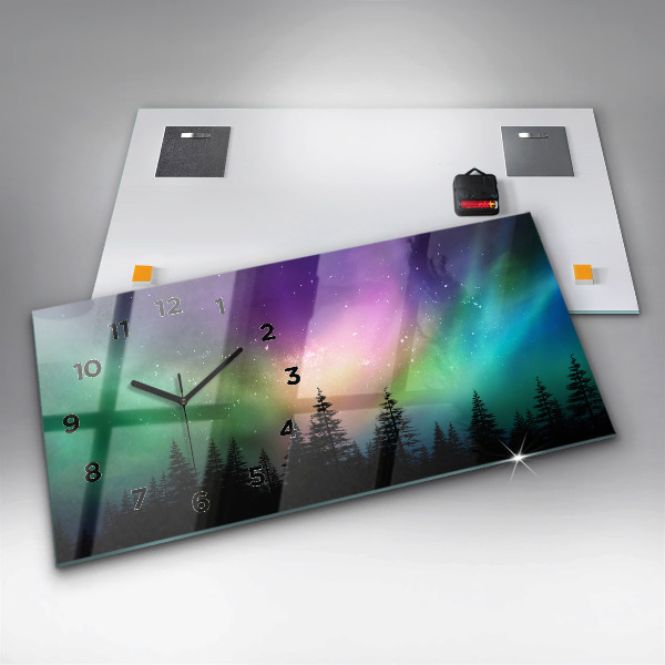 Glass wall clock rectangular Northern lights