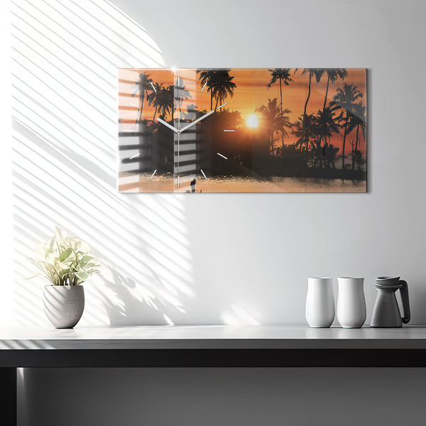 Glass wall clock rectangular Sunset Palm Trees Holidays