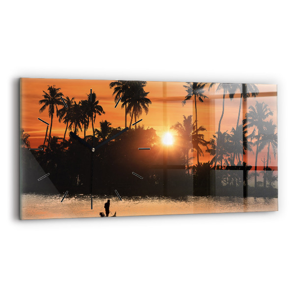 Glass wall clock rectangular Sunset Palm Trees Holidays