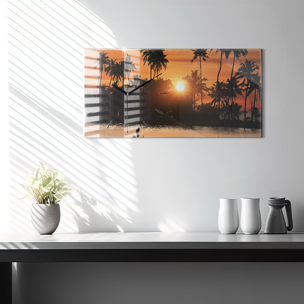 Glass wall clock rectangular Sunset Palm Trees Holidays