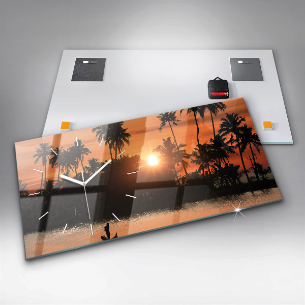 Glass wall clock rectangular Sunset Palm Trees Holidays
