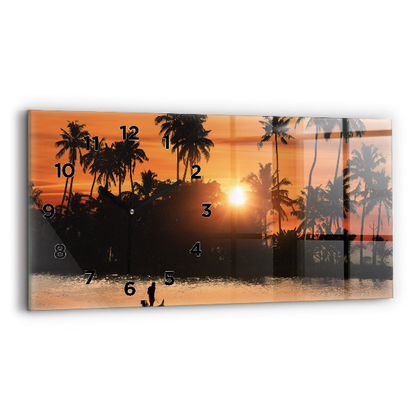 Glass wall clock rectangular Sunset Palm Trees Holidays