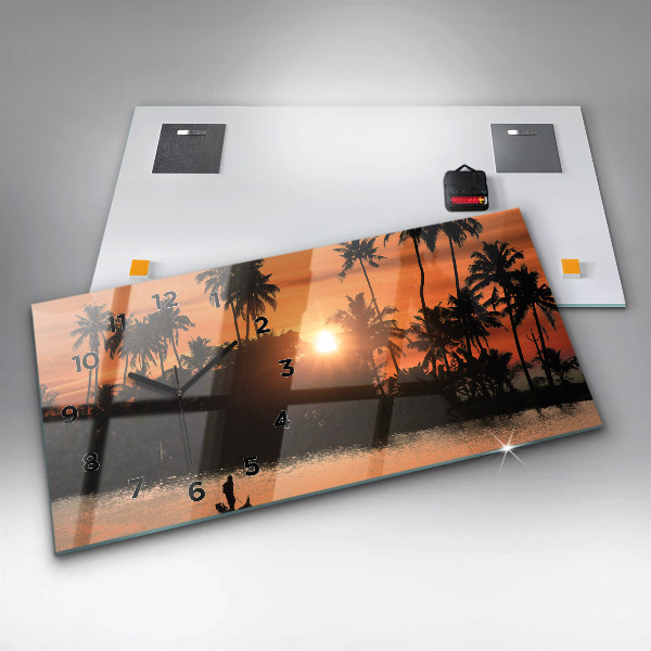 Glass wall clock rectangular Sunset Palm Trees Holidays