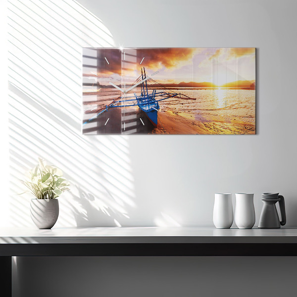 Glass wall clock rectangular Boat and sunset