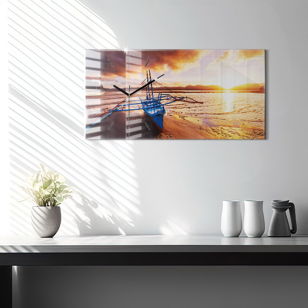 Glass wall clock rectangular Boat and sunset